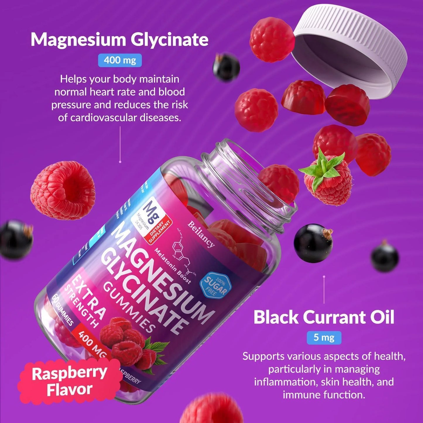 Magnesium Glycinate Gummies 400Mg for Sleep Body Support and Relaxation 60 Days