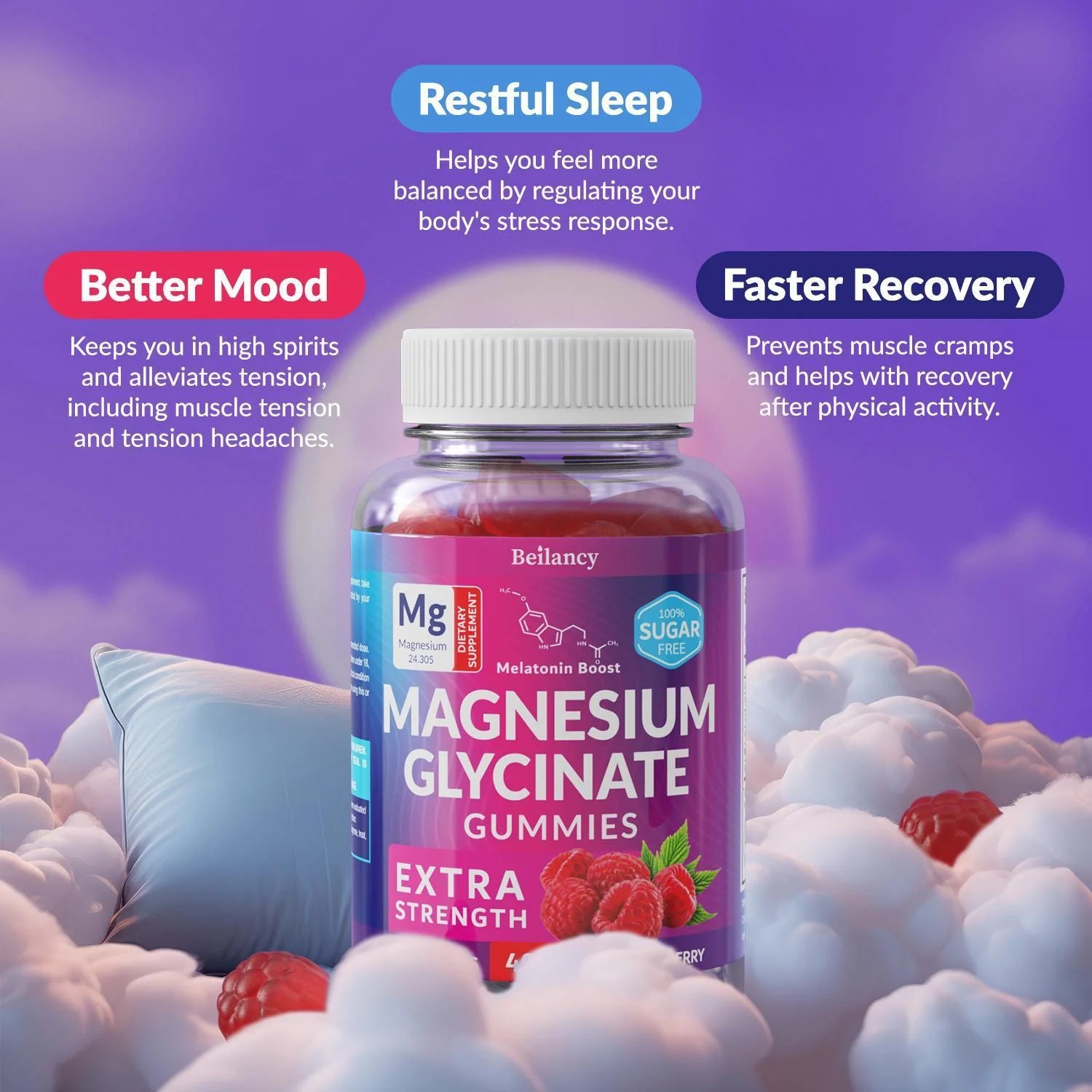 Magnesium Glycinate Gummies 400Mg for Sleep Body Support and Relaxation 60 Days